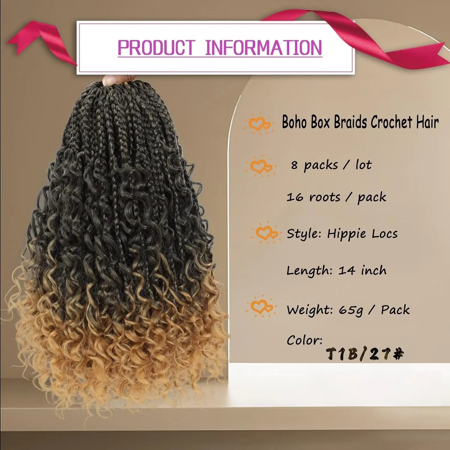 Goddess Box Braids Crochet Hair with Curly Ends 14inch Boho 3X Crochet Braids 8 Packs Ombre Synthetic Braiding Hair Extensions for Black Women (#1B/27)