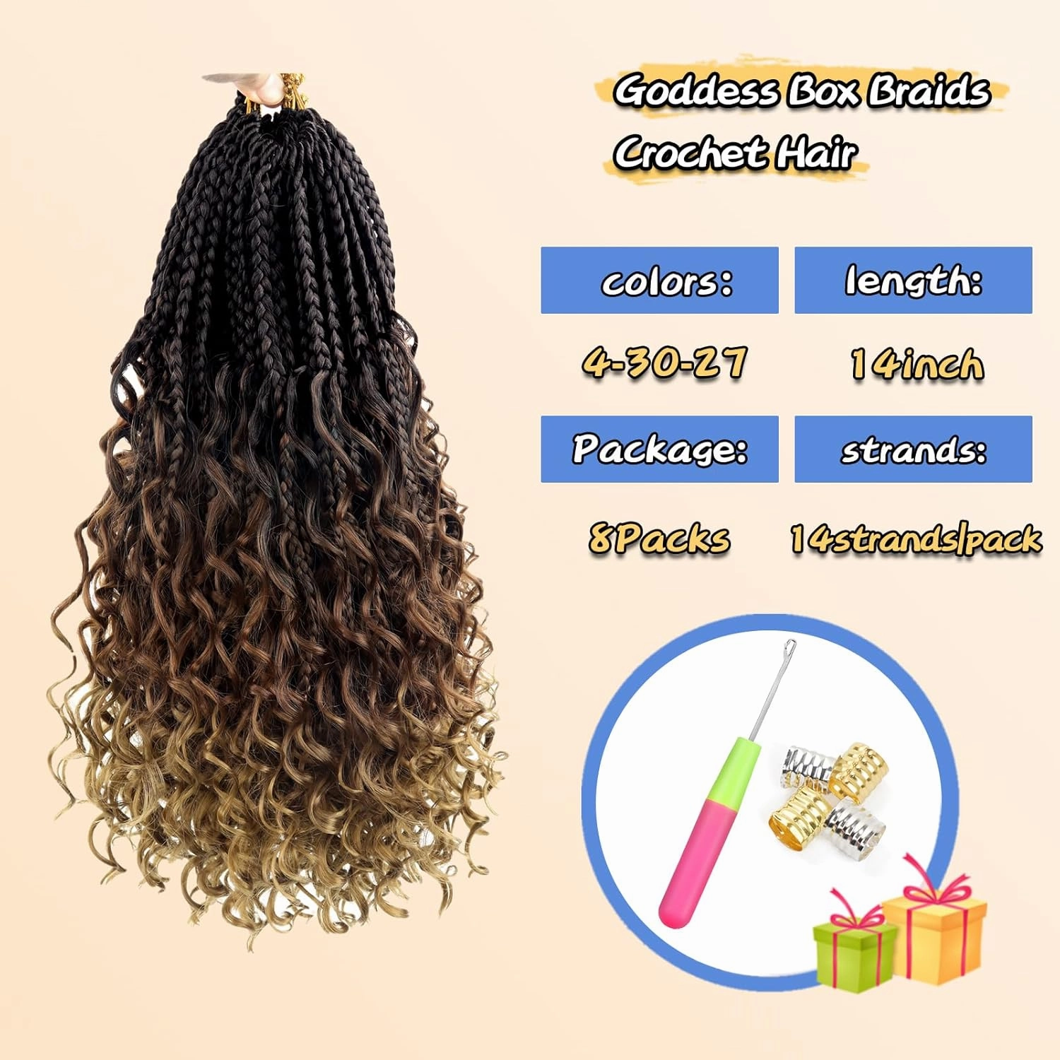 Goddess Box Braids Crochet Hair For Black Women, Bohemian Crochet Box Braids With Curly Ends, 14Inch Pre-Looped Crochet Boho Box Braids Crochet Hair(14 Inch (Pack of 8), 4-30-27)