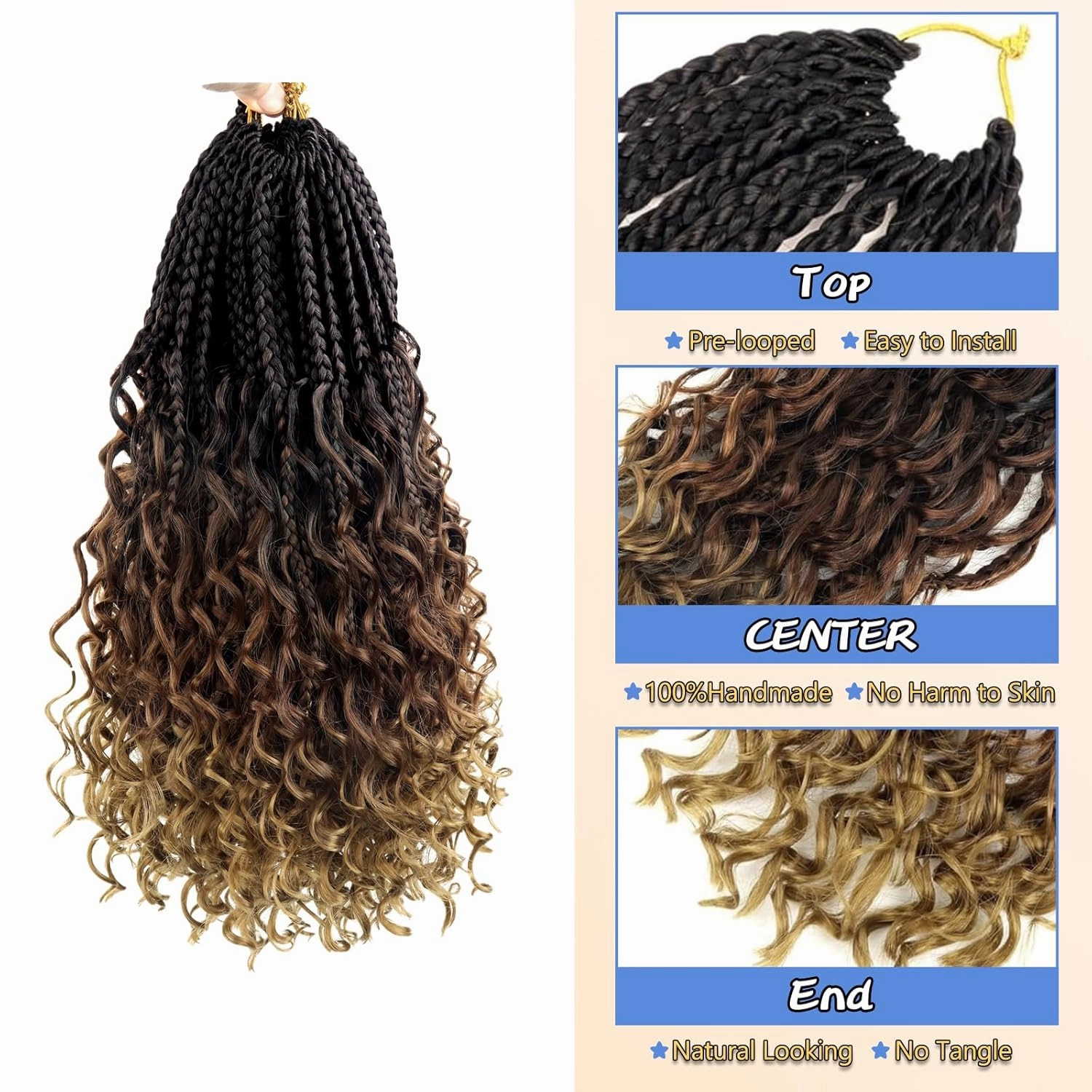 Goddess Box Braids Crochet Hair For Black Women, Bohemian Crochet Box Braids With Curly Ends, 14Inch Pre-Looped Crochet Boho Box Braids Crochet Hair(14 Inch (Pack of 8), 4-30-27)