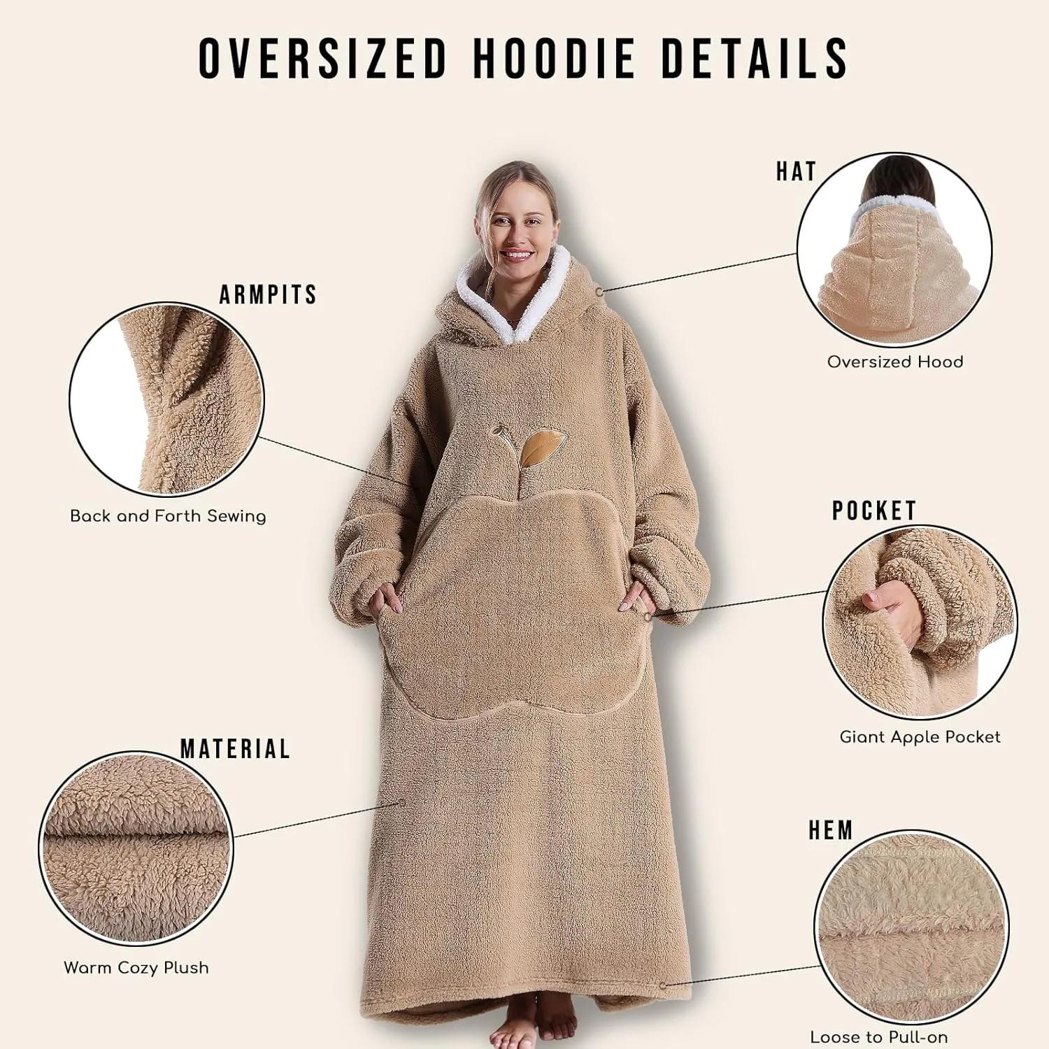 GoodtoU Wearable Blanket Hoodie For Women and Men - Oversized Hooded Blanket for Adults Fluffy Plush Blanket Sweatshirt Warm Cozy Gifts For Mom Khaki
