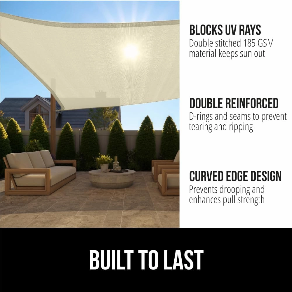 GORILLA GRIP Heavy Duty Sun Shade, UV Protection Fade Tear and Rust Resistant Rectangle Sunshade Canopy, Curved Edges Blocks Sunlight, Breathable Sail, Outdoor Patio, Lawn Garden 10x10 FT Butter Cream