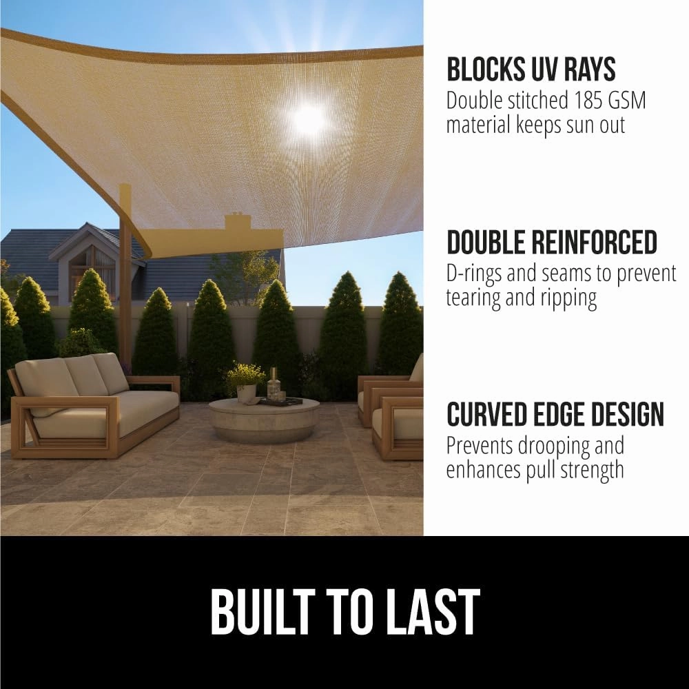 GORILLA GRIP Heavy Duty Sun Shade, UV Protection Fade Tear and Rust Resistant Rectangle Sunshade Canopy, Curved Edges Blocks Sunlight, Breathable Sail, Outdoor Patio, Lawn Garden, 8x10 FT Sand
