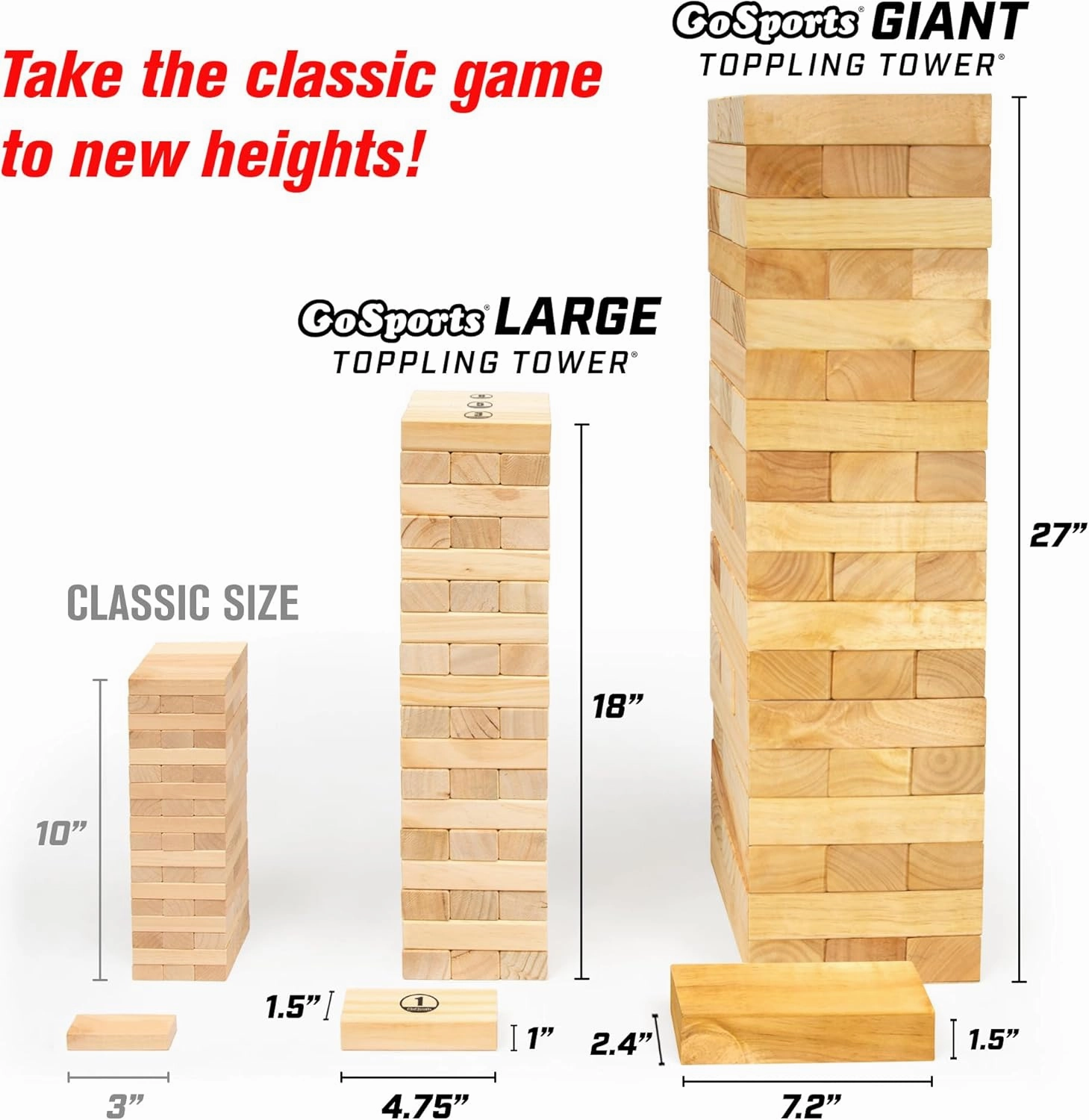 GoSports Giant Wooden Stacking Game - Stacks Up to 5 ft - Choose Brown Wood Stain, Gray, Natural, Stars & Stripes, or Tropical Hardwood - Toppling Tower