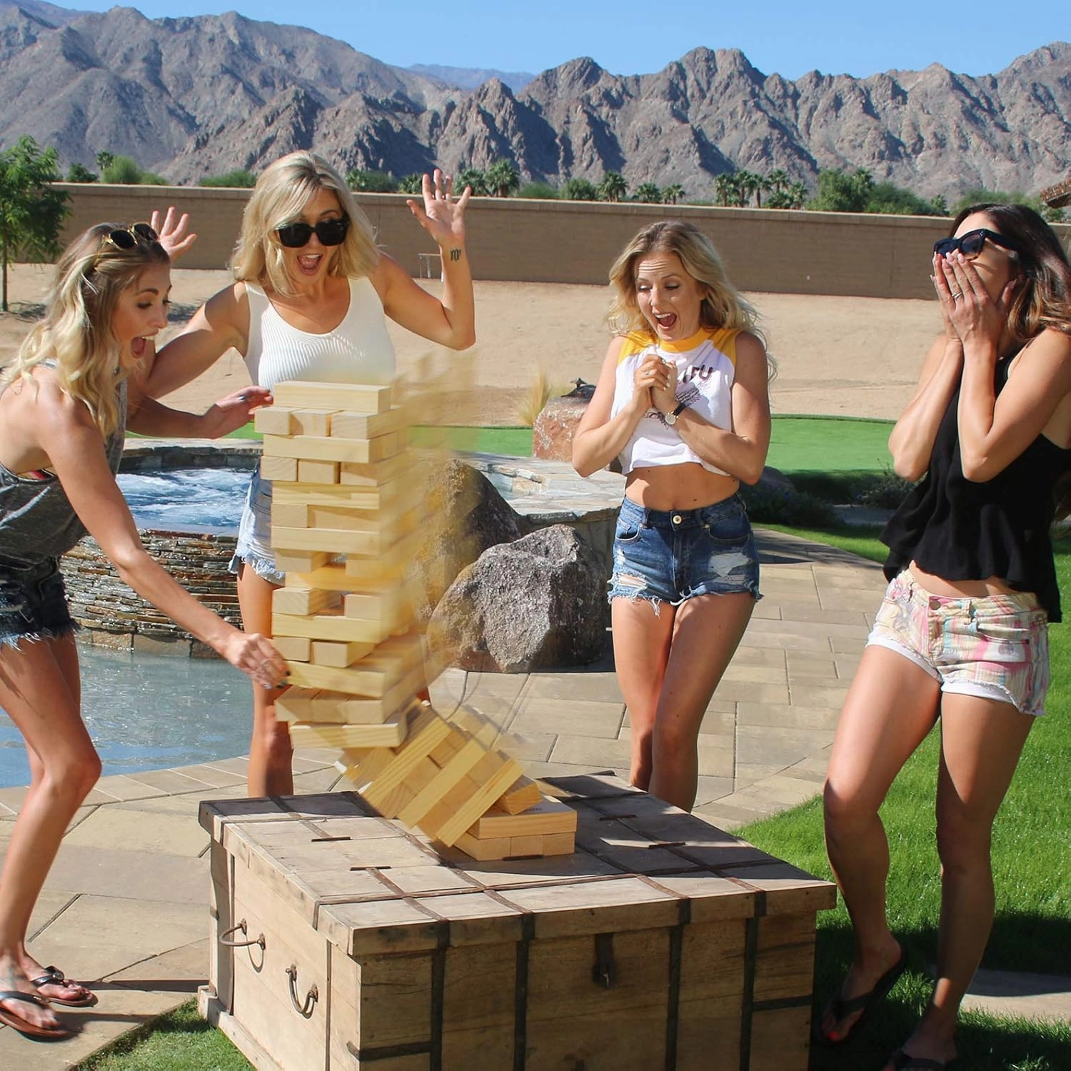 GoSports Giant Wooden Stacking Game - Stacks Up to 5 ft - Choose Brown Wood Stain, Gray, Natural, Stars & Stripes, or Tropical Hardwood - Toppling Tower