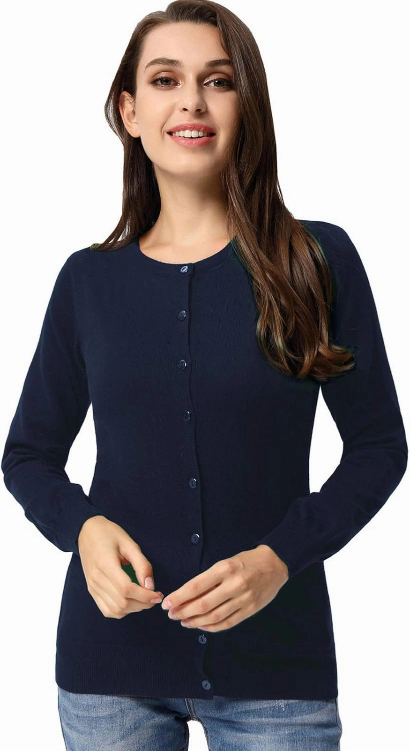 GRACE KARIN Women's Long Sleeve Button Down Crew Neck Classic Sweater Knit Cardigan