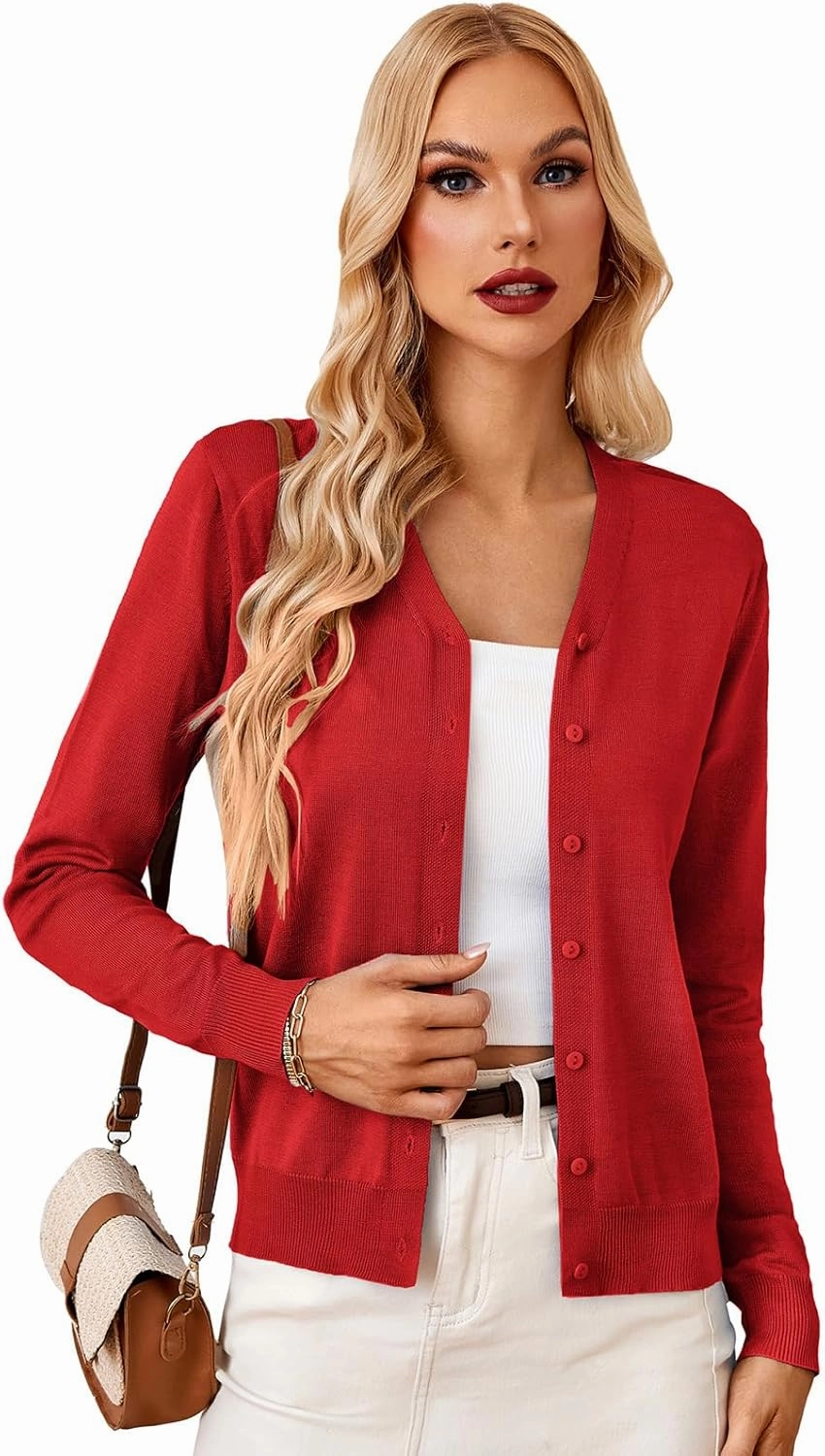 GRACE KARIN Women's Long Sleeve Button Down Vee Neck Classic Sweater Knit Cardigan