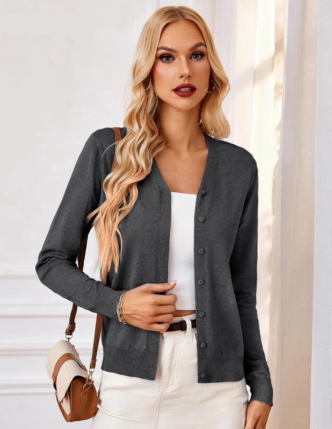 GRACE KARIN Women's Long Sleeve Button Down Vee Neck Classic Sweater Knit Cardigan