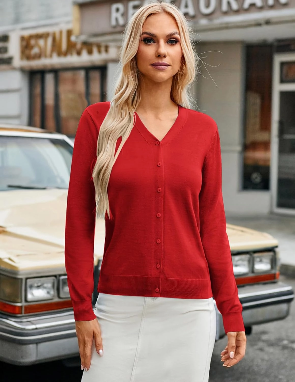GRACE KARIN Women's Long Sleeve Button Down Vee Neck Classic Sweater Knit Cardigan