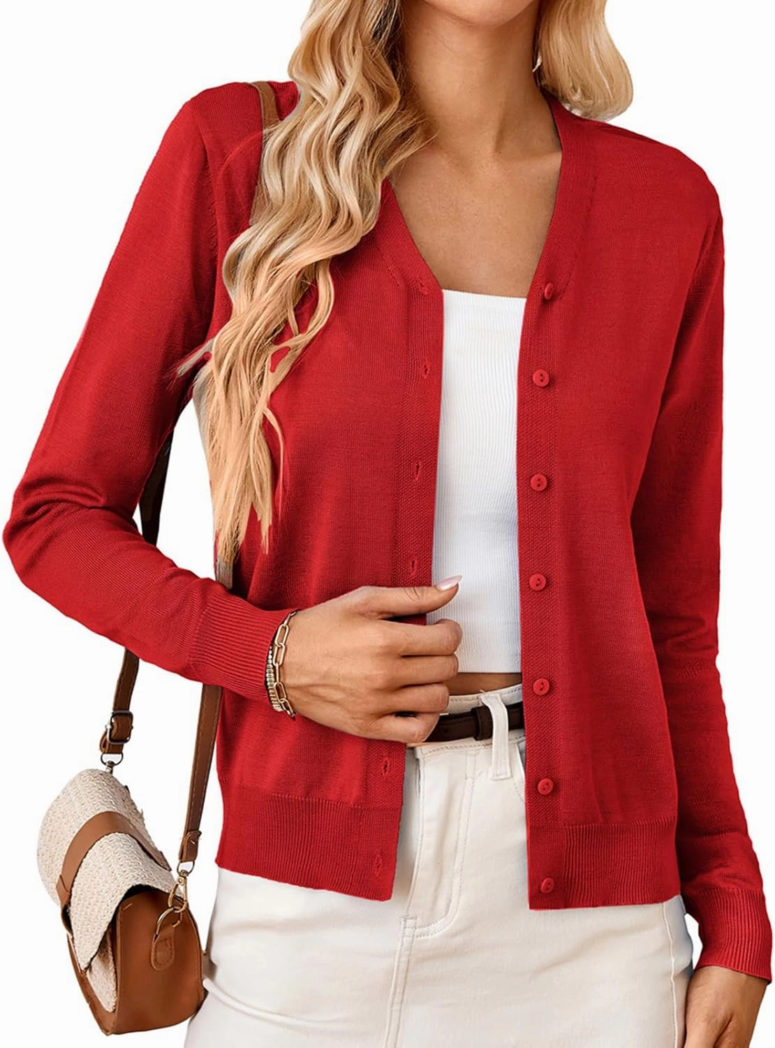 GRACE KARIN Women's Long Sleeve Button Down Vee Neck Classic Sweater Knit Cardigan