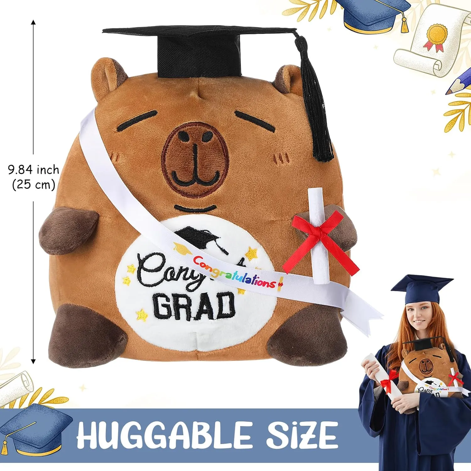 Graduation Bear Plush 9.84 Inch Graduation Stuffed Animal with Cap Diploma Sash Cow Plushie Pillow Toy Congratulations Grad Gifts for College High School Boys Girls(Capybara)