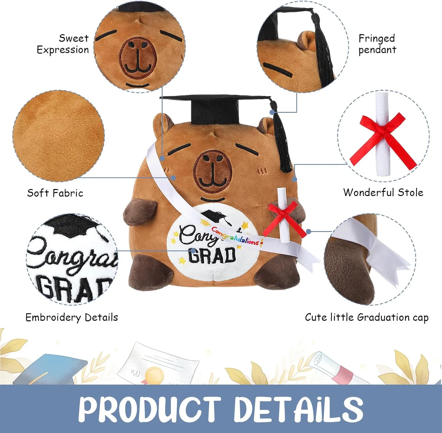 Graduation Bear Plush 9.84 Inch Graduation Stuffed Animal with Cap Diploma Sash Cow Plushie Pillow Toy Congratulations Grad Gifts for College High School Boys Girls(Capybara)