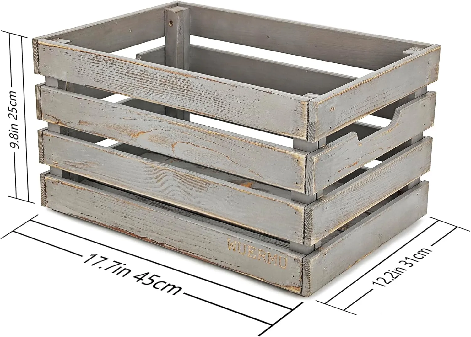 Gray Wooden Crates are Mainly Suitable for Storage, Tool Crate, Wine Crate, Camping, and Other Multi-Purpose. Rustic Style, They are Sturdy and Durable, set of 2 Length of 17.7 inches.