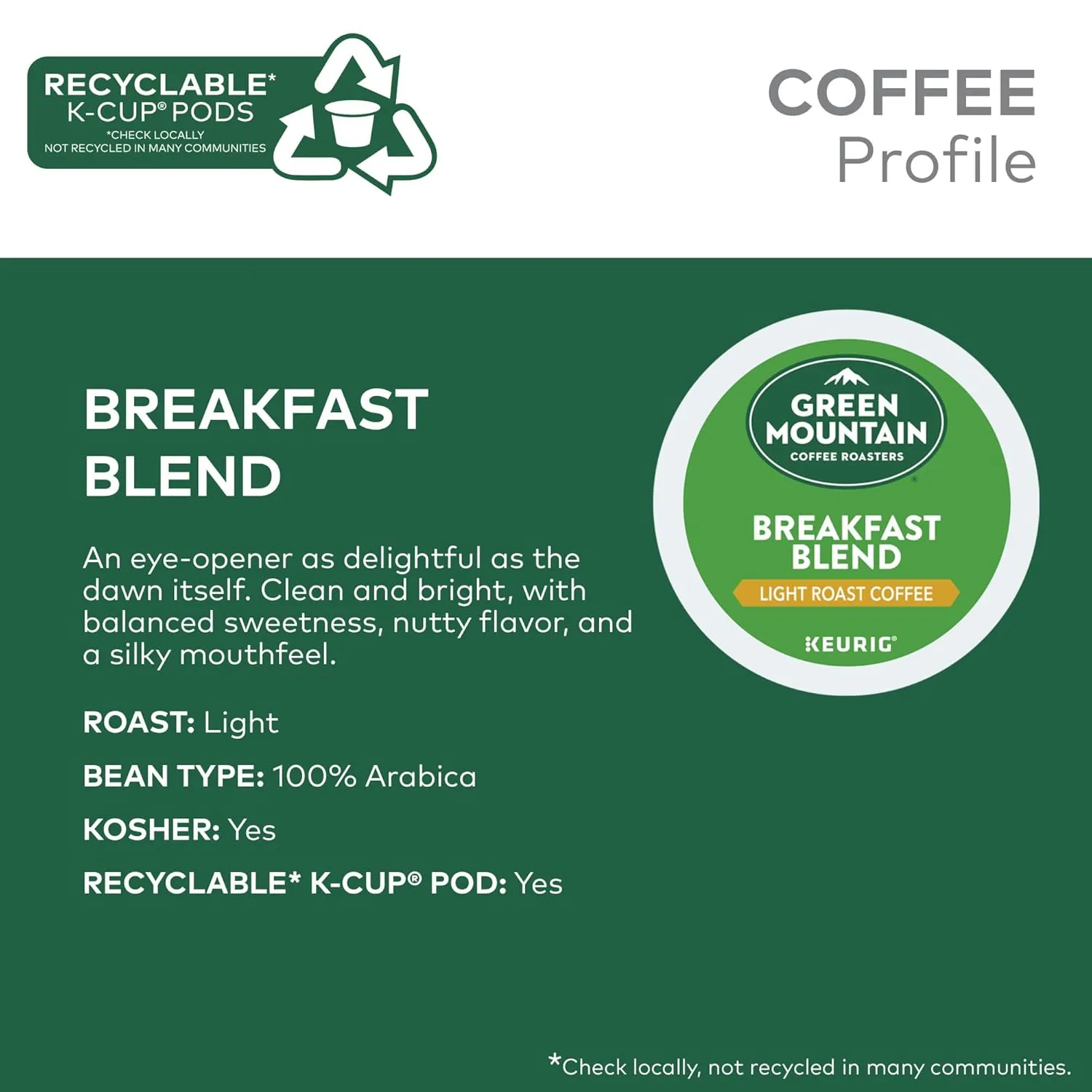 Green Mountain Coffee Roasters Breakfast Blend, Keurig Single Serve K-Cup Pods, Light Roast Coffee, 60 Count, (6 Packs of 10)