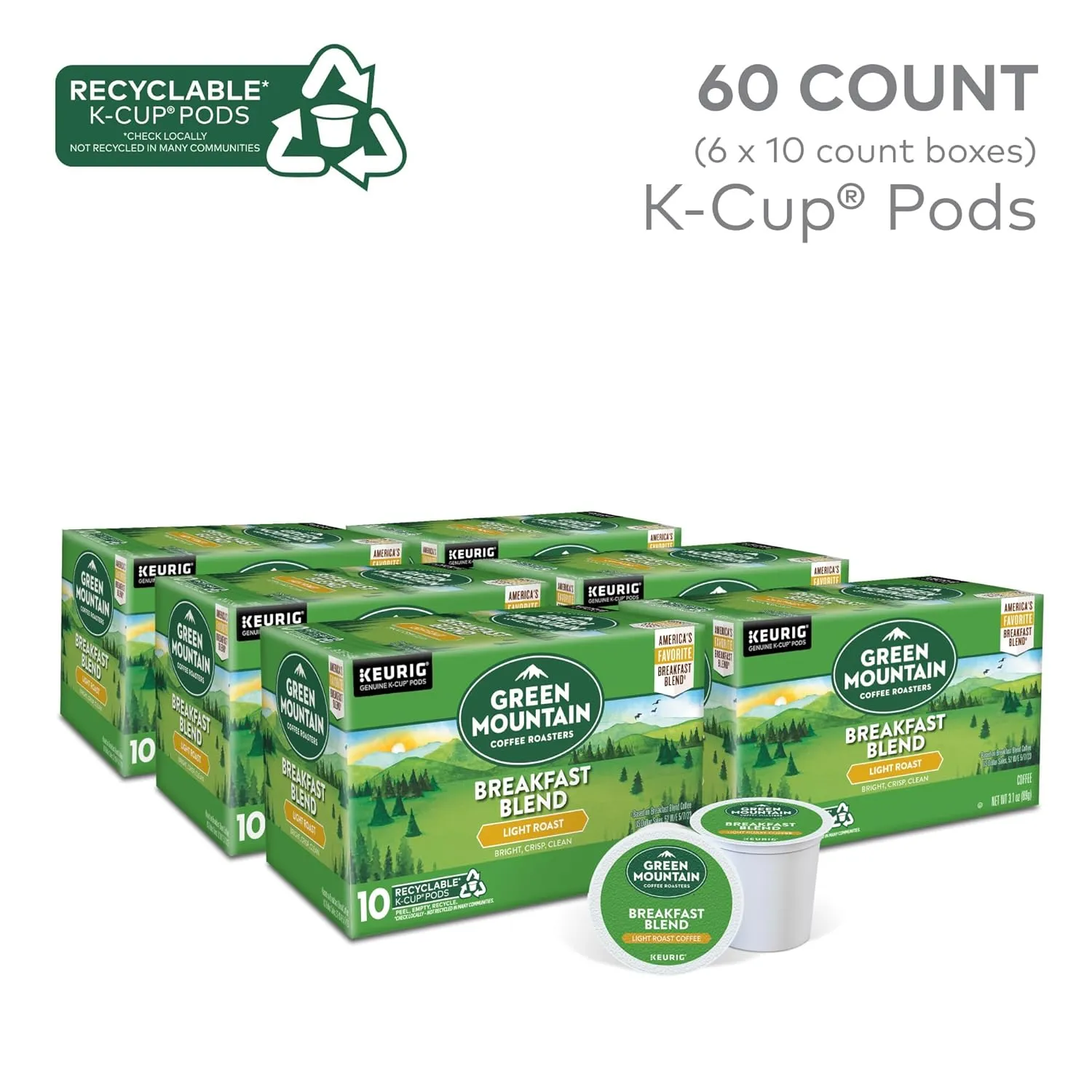 Green Mountain Coffee Roasters Breakfast Blend, Keurig Single Serve K-Cup Pods, Light Roast Coffee, 60 Count, (6 Packs of 10)