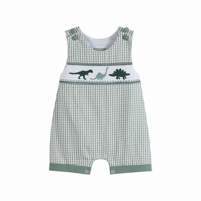 Green Gingham Dinosaur Smocked Shortalls