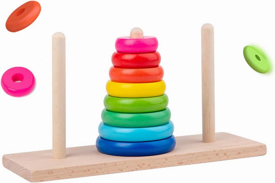 GYBBER&MUMU Wooden Towers of Hanoi (8 Rings) Rainbow Blocks Toy with Storage Box for Kids 3 Years and Up