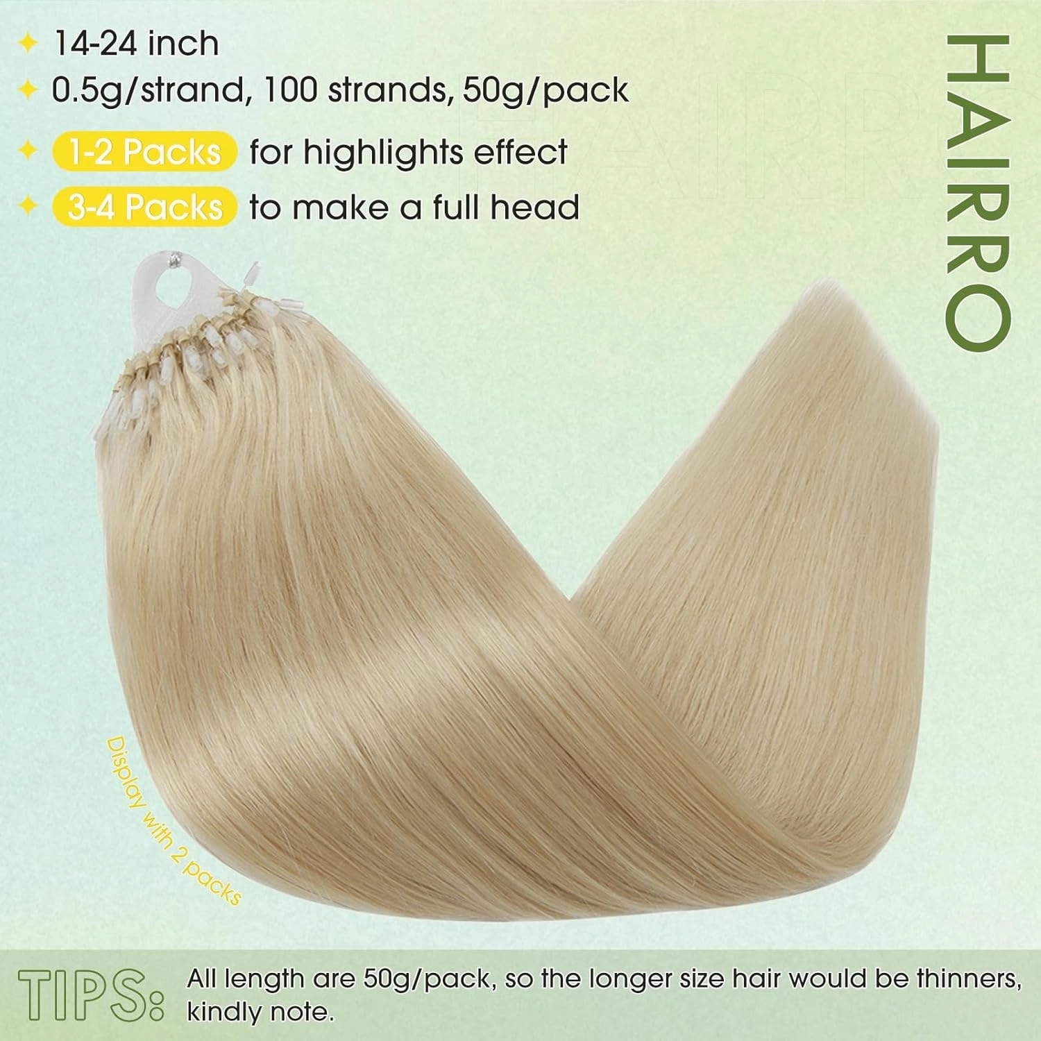 Hairro Microlink Human Hair Extensions For Women Micro Loop Micro Beads Real Hair Pre Bonded Cold Fusion Micro Ring Hairpieces 14 inch 50g 100 Strands #60 Platinum Blonde