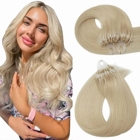 Hairro Microlink Human Hair Extensions For Women Micro Loop Micro Beads Real Hair Pre Bonded Cold Fusion Micro Ring Hairpieces 14 inch 50g 100 Strands #60 Platinum Blonde