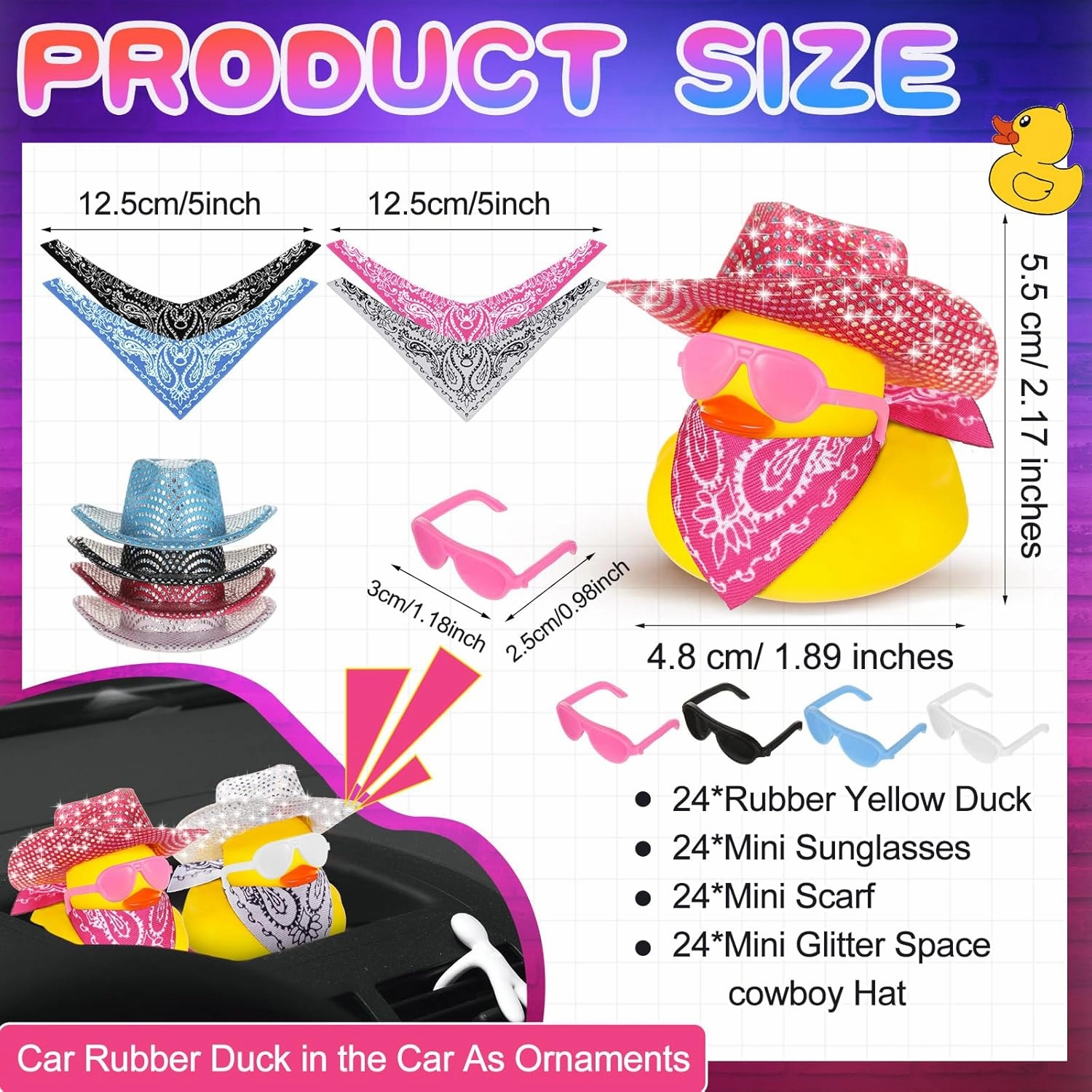 Hanaive 24 Sets Disco Cowboy Rubber Duck with Light up Mini Holographic Space Hat Scarf Sunglasses Cute Bath Rubber Duck Bathtub Accessories Toy Baby Shower Birthday Christmas Supplies (Bling Style)