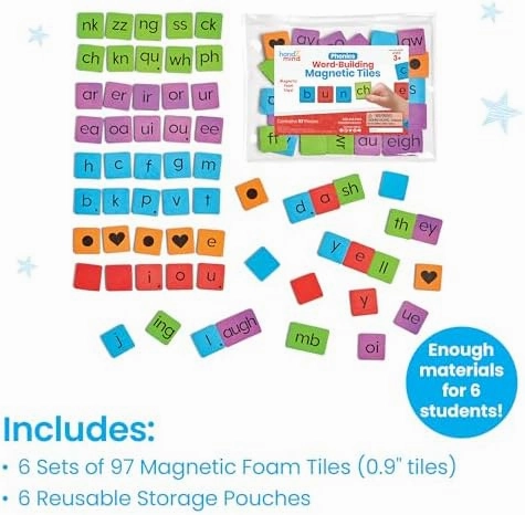 hand2mind Phonics Word-Building Magnetic Letter Tiles, Letter Recognition for Kindergarten, Letter Sounds, Phonics Manipulatives, Phonemic Awareness, Science of Reading Classroom Materials (Set of 6)