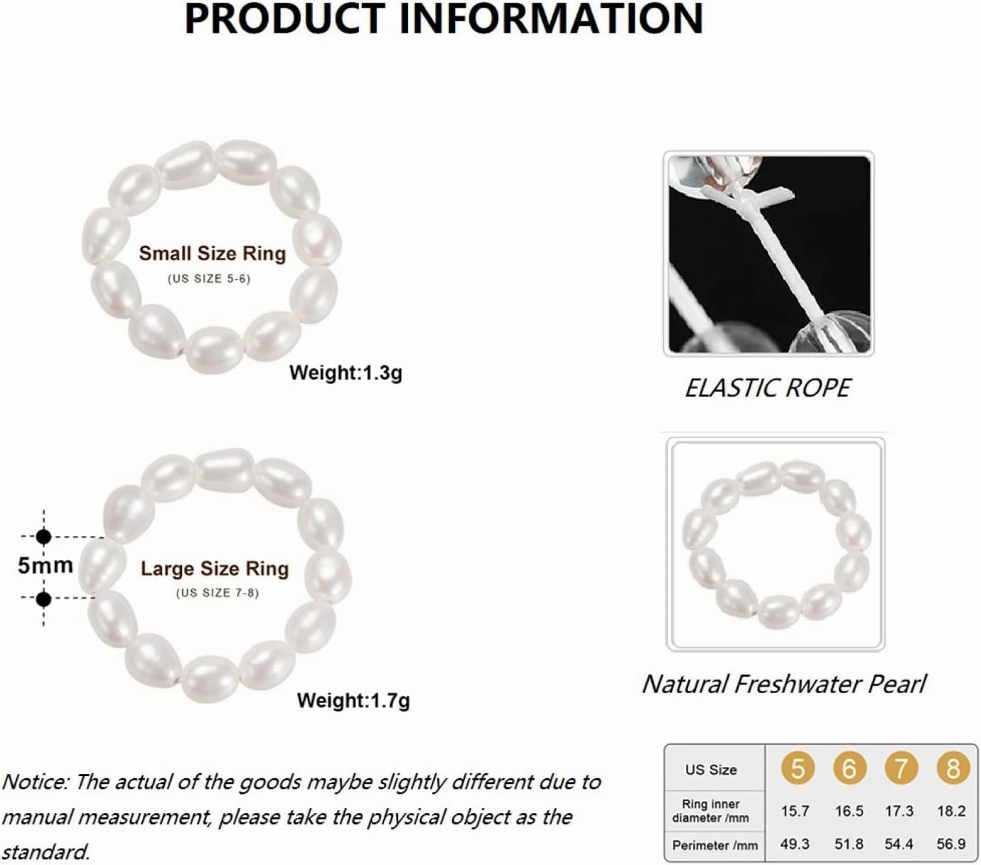 Handmade Freshwater White Pearl Ring Beads Elastic Finger Rings for Women