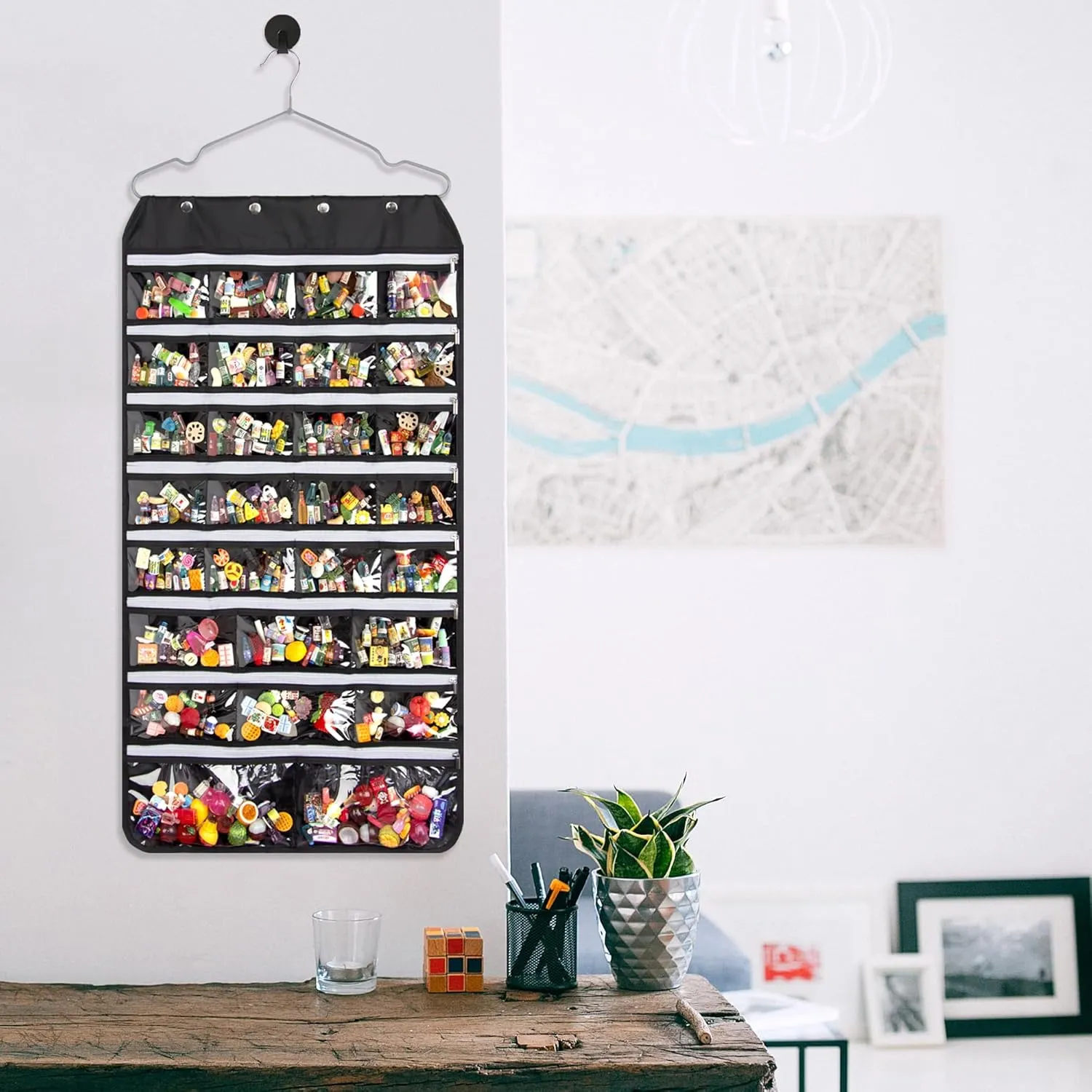 Hanging Mini Brand Organizer with 56 Slots for Real Littles (Mini Brands Not Included) - Double Sided, Black