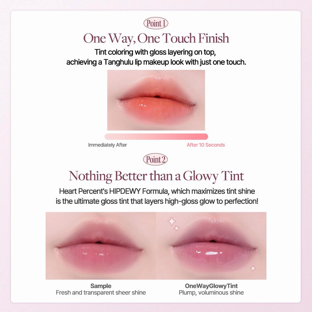 Heart Percent Dote On Mood One Way Glowy Tint, Glass-like High Shine Glossy Finish w/Long-Lasting Luminous Color Lip Stain for Glowy Look, #09.Peachy Milk