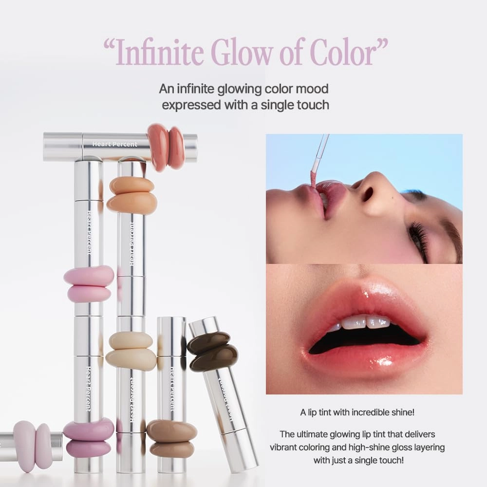 Heart Percent Dote On Mood One Way Glowy Tint, Glass-like High Shine Glossy Finish w/Long-Lasting Luminous Color Lip Stain for Glowy Look, #09.Peachy Milk