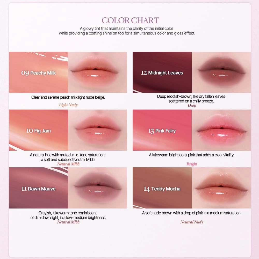 Heart Percent Dote On Mood One Way Glowy Tint, Glass-like High Shine Glossy Finish w/Long-Lasting Luminous Color Lip Stain for Glowy Look, #09.Peachy Milk