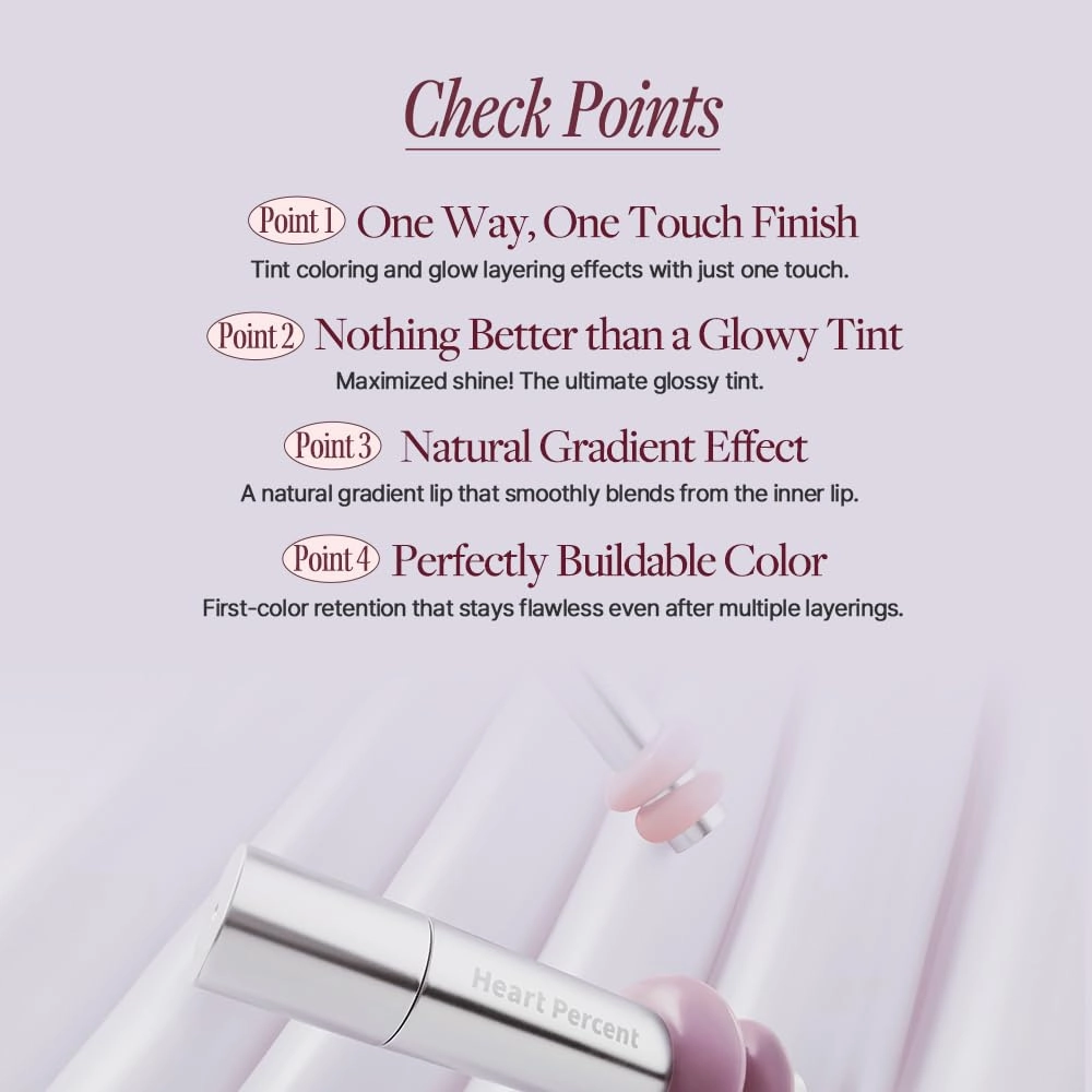 Heart Percent Dote On Mood One Way Glowy Tint, Glass-like High Shine Glossy Finish w/Long-Lasting Luminous Color Lip Stain for Glowy Look, #09.Peachy Milk