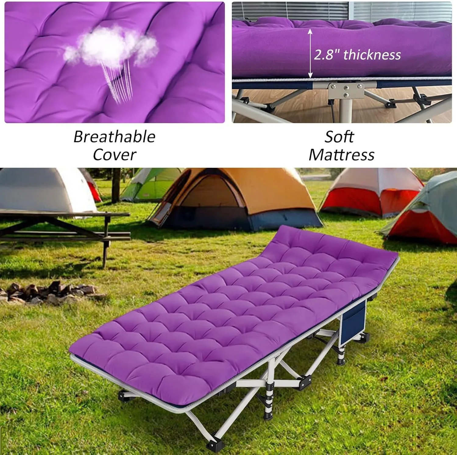 Heavy Duty Camping Cot with Comfortable Mattress & Carry Bag - Folding Sleeping Bed for Adults, Easy to Set Up - Ideal for Outdoor, Indoor, Home Office Nap, and Vacation.