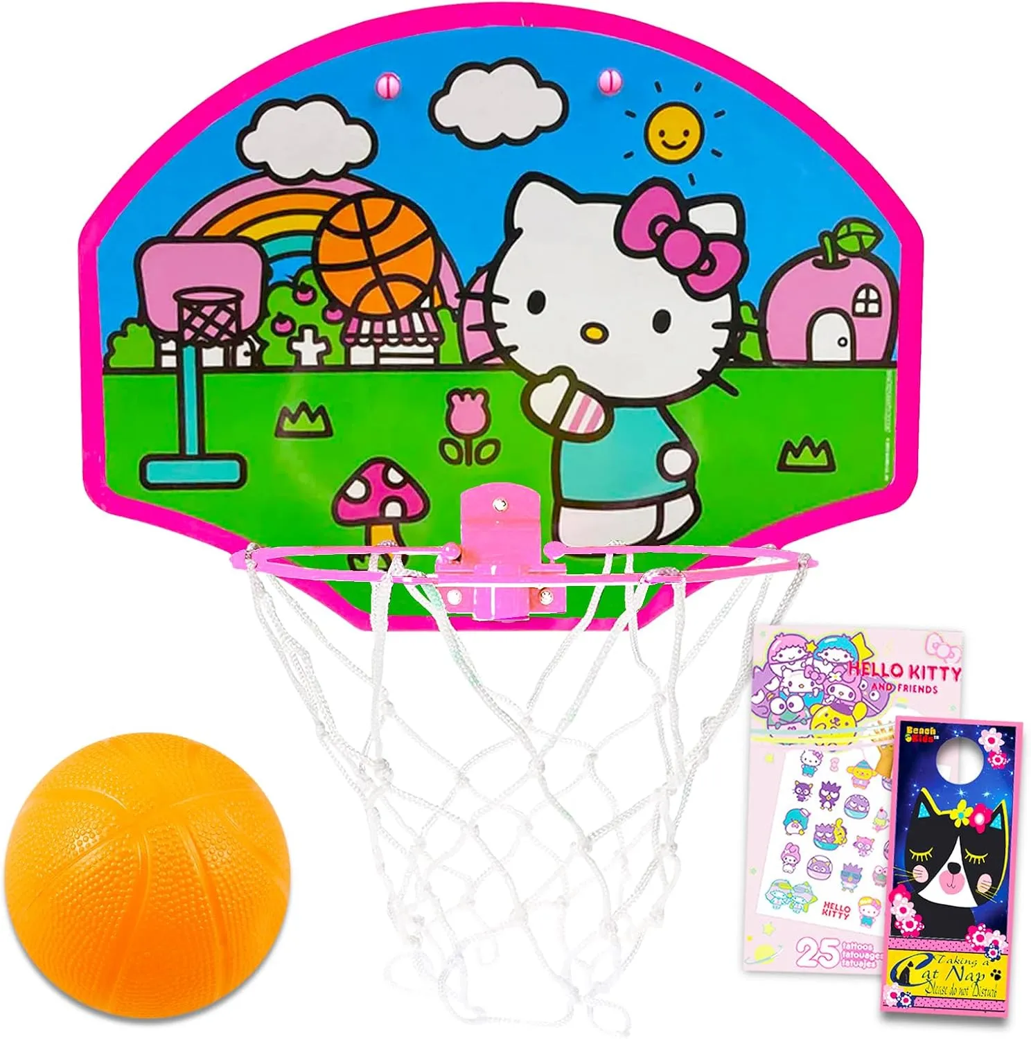 Hello Kitty Basketball Hoop Bundle - Indoor Hoop Plus Tattoos & More | Kitty Toys & Games for Kids