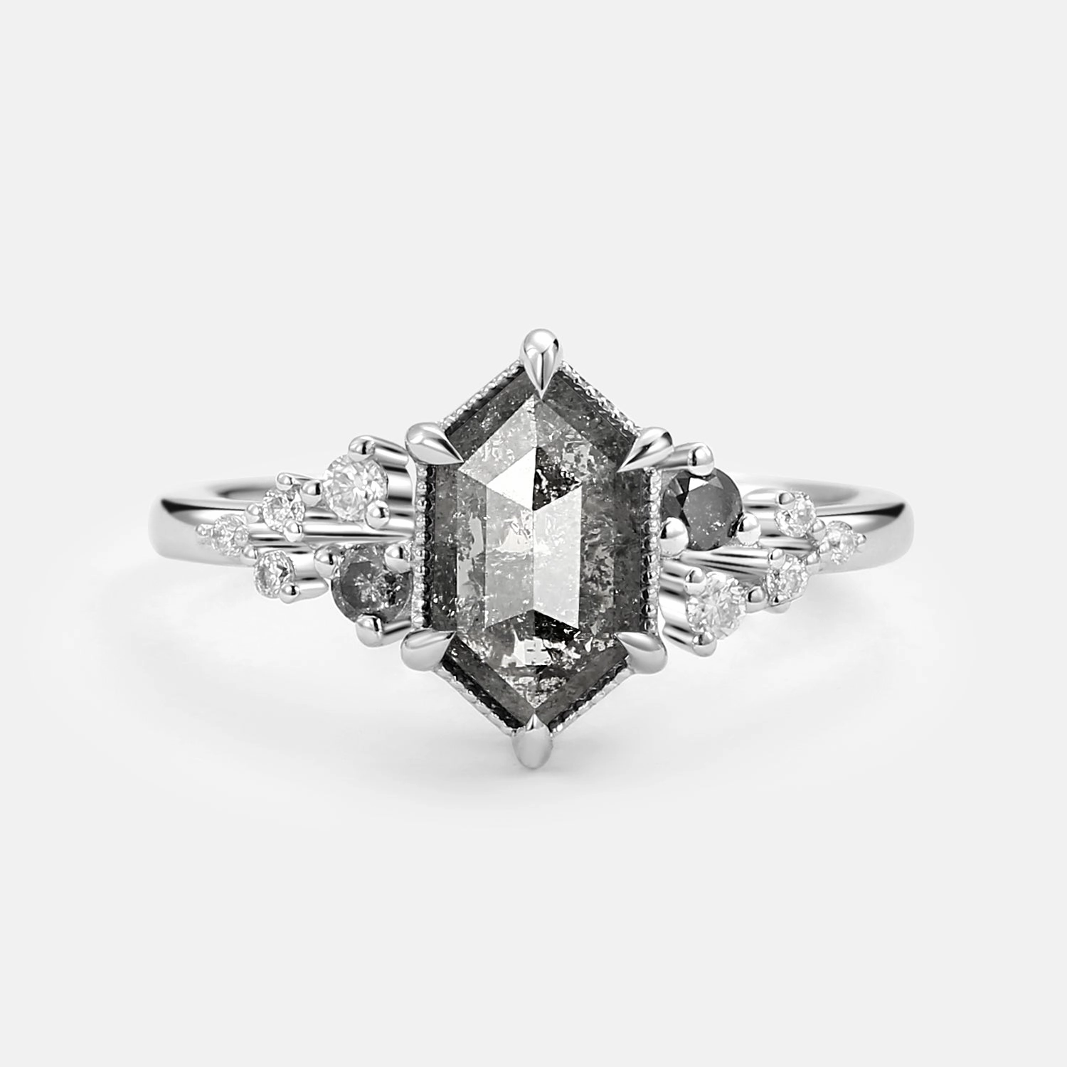 Hexagon Salt and Pepper Diamonds Stacking Engagement Ring - Sophia