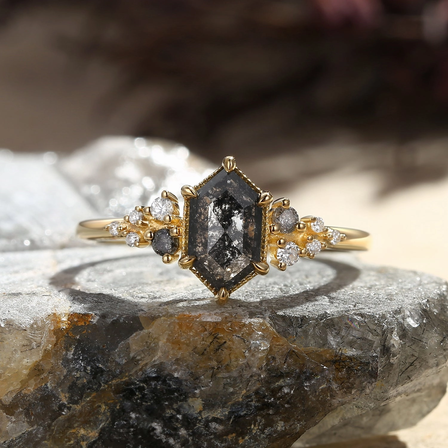 Hexagon Salt and Pepper Diamonds Stacking Engagement Ring - Sophia