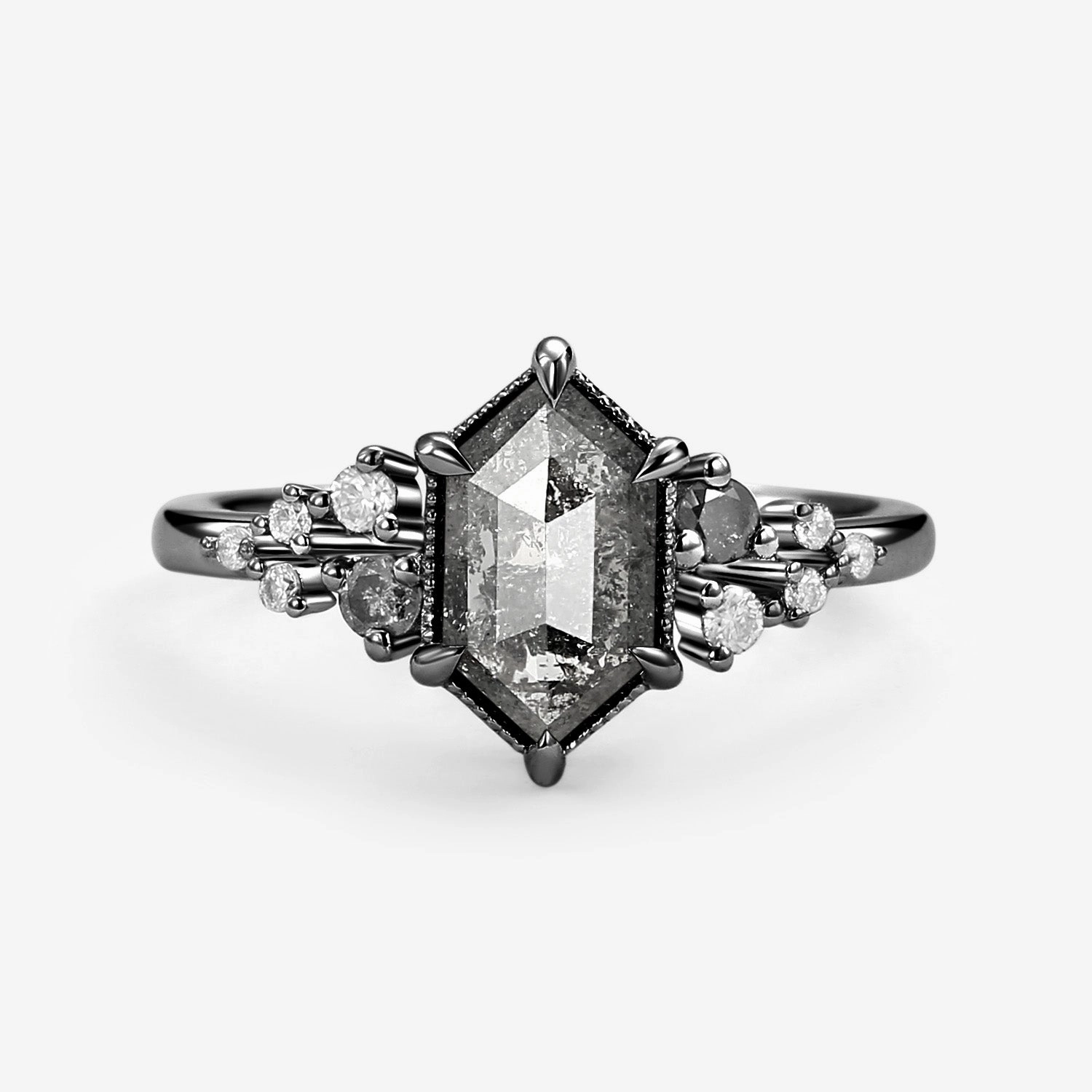 Hexagon Salt and Pepper Diamonds Stacking Engagement Ring - Sophia