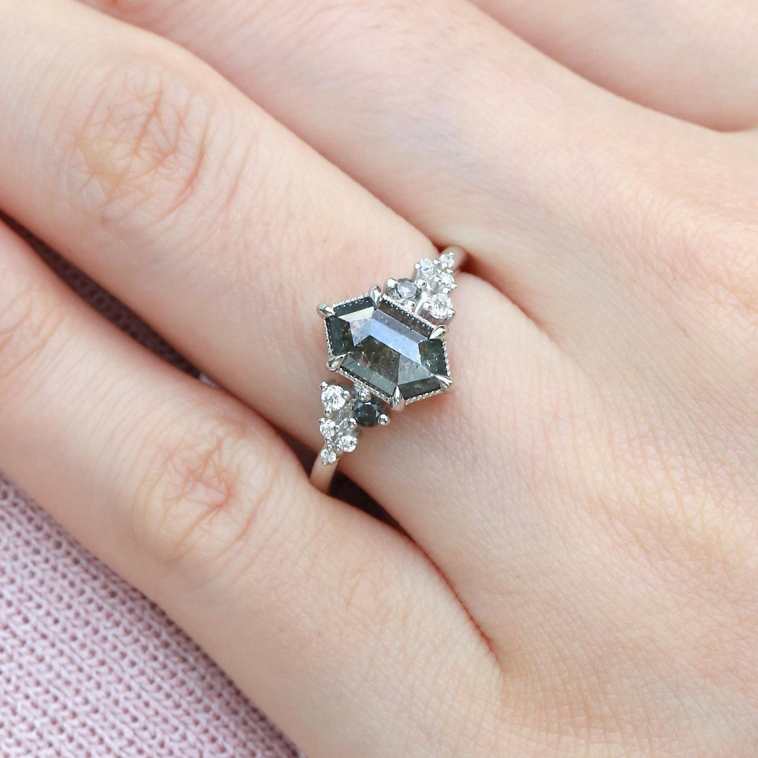 Hexagon Salt and Pepper Diamonds Stacking Engagement Ring - Sophia