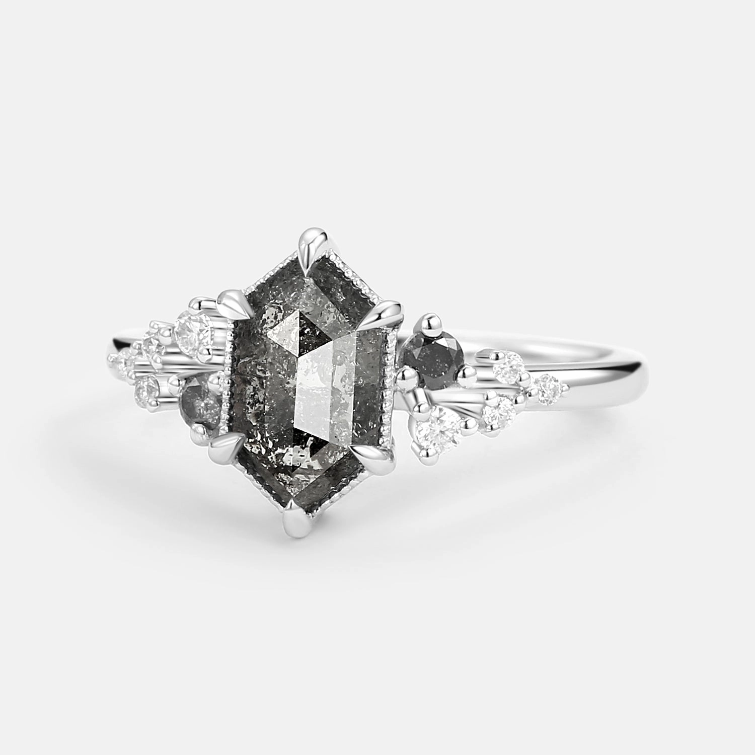 Hexagon Salt and Pepper Diamonds Stacking Engagement Ring - Sophia
