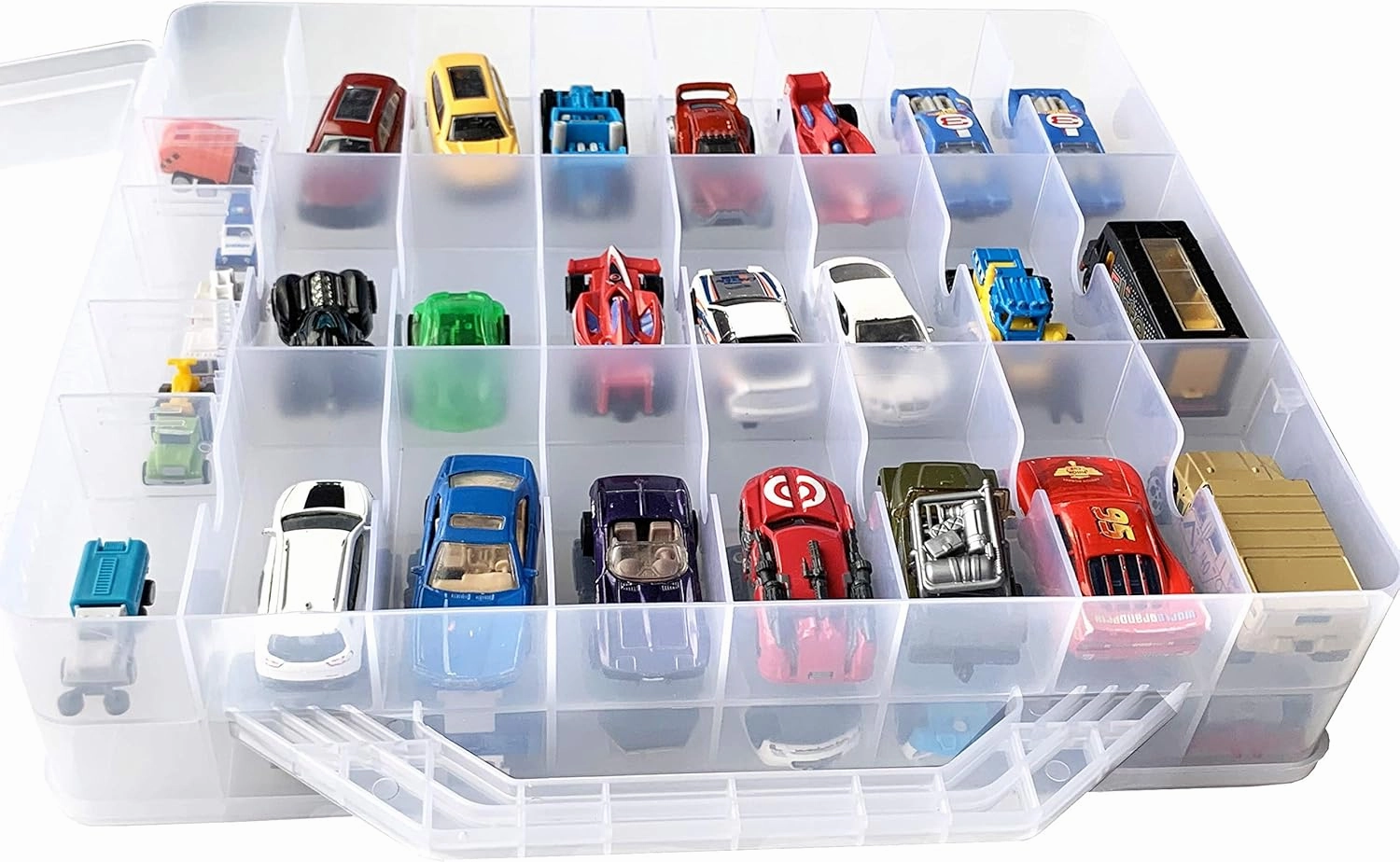 HOME4 Double Sided BPA Free Toy Storage Container - Compatible with Mini Toys Brands, Small Dolls Hot Wheels Tools Crafts - Toy Organizer Carrying Case - 48 Compartments - Cars Not Included (Clear)