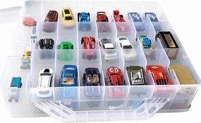 HOME4 Double Sided BPA Free Toy Storage Container - Compatible with Mini Toys Brands, Small Dolls Hot Wheels Tools Crafts - Toy Organizer Carrying Case - 48 Compartments - Cars Not Included (Clear)