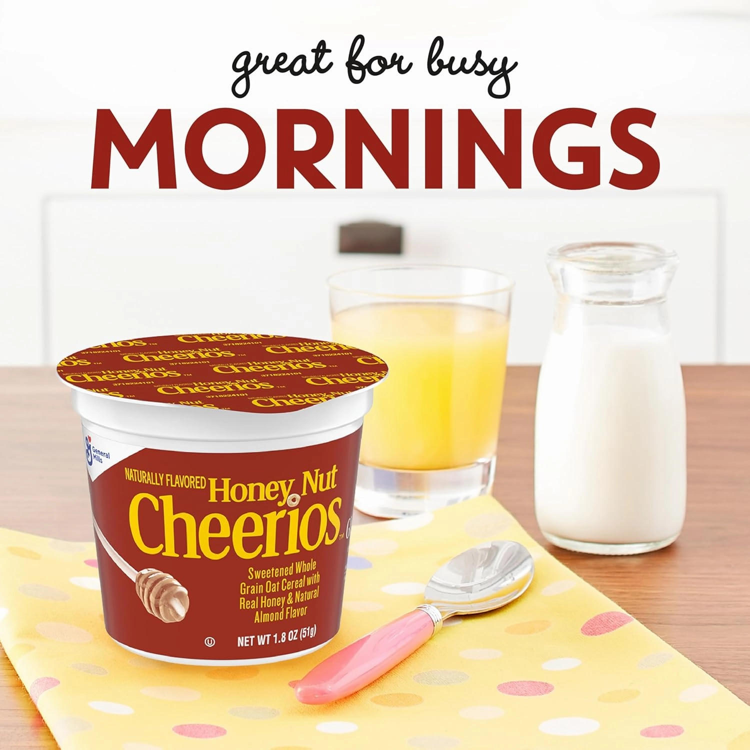 Honey Nut Cheerios Breakfast Cereal Cup, Gluten Free, Single Serve Cereal, 1.8 oz (Pack of 12)