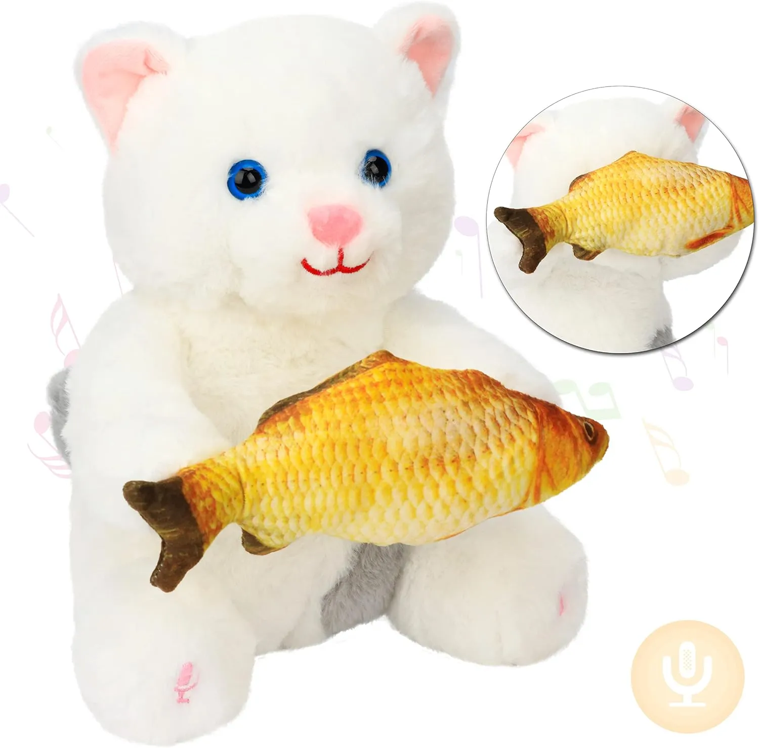 Hopearl Peek A Boo Cat with Fish Interactive Repeats What You Say Plush Kitten Toy Musical Singing Talking Stuffed Animal Adorable Electric Animate Birthday Festival, White,11''