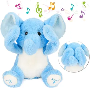 Hopearl Peek A Boo Elephant Interactive Repeats What You Say Plush Elephish Toy Musical Singing Talking Stuffed Animal Adorable Electric Animate Birthday Festival, Blue, 11.5''
