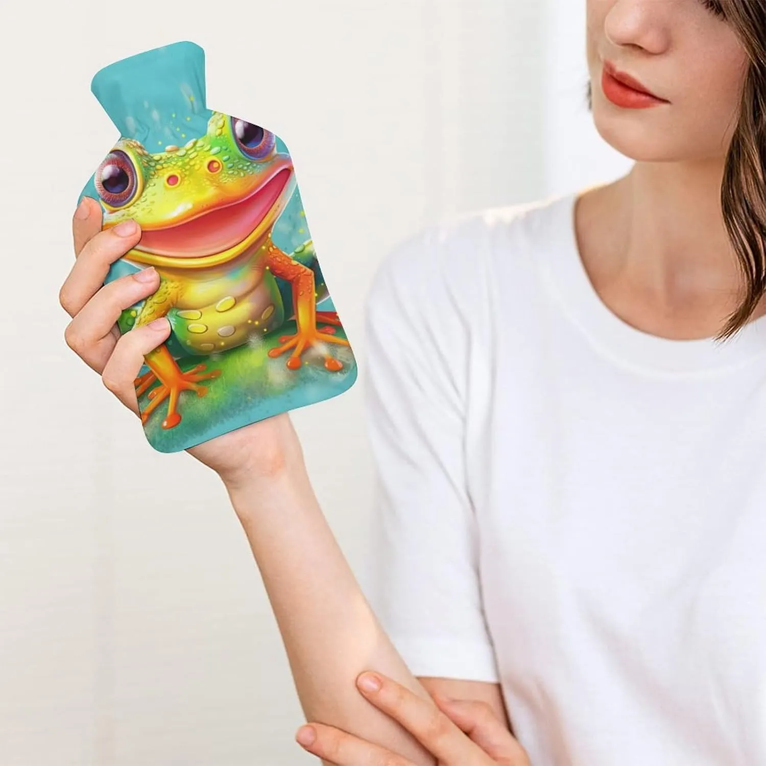Hot Water Bottle with Soft Cover, Frog 1L Warm Water Bag for Menstrual Cramps, Animal Neck and Shoulder Pain Relief, Ideal for Hand & Feet Warmer for Kids, Men & Women, Hot & Cold Compress