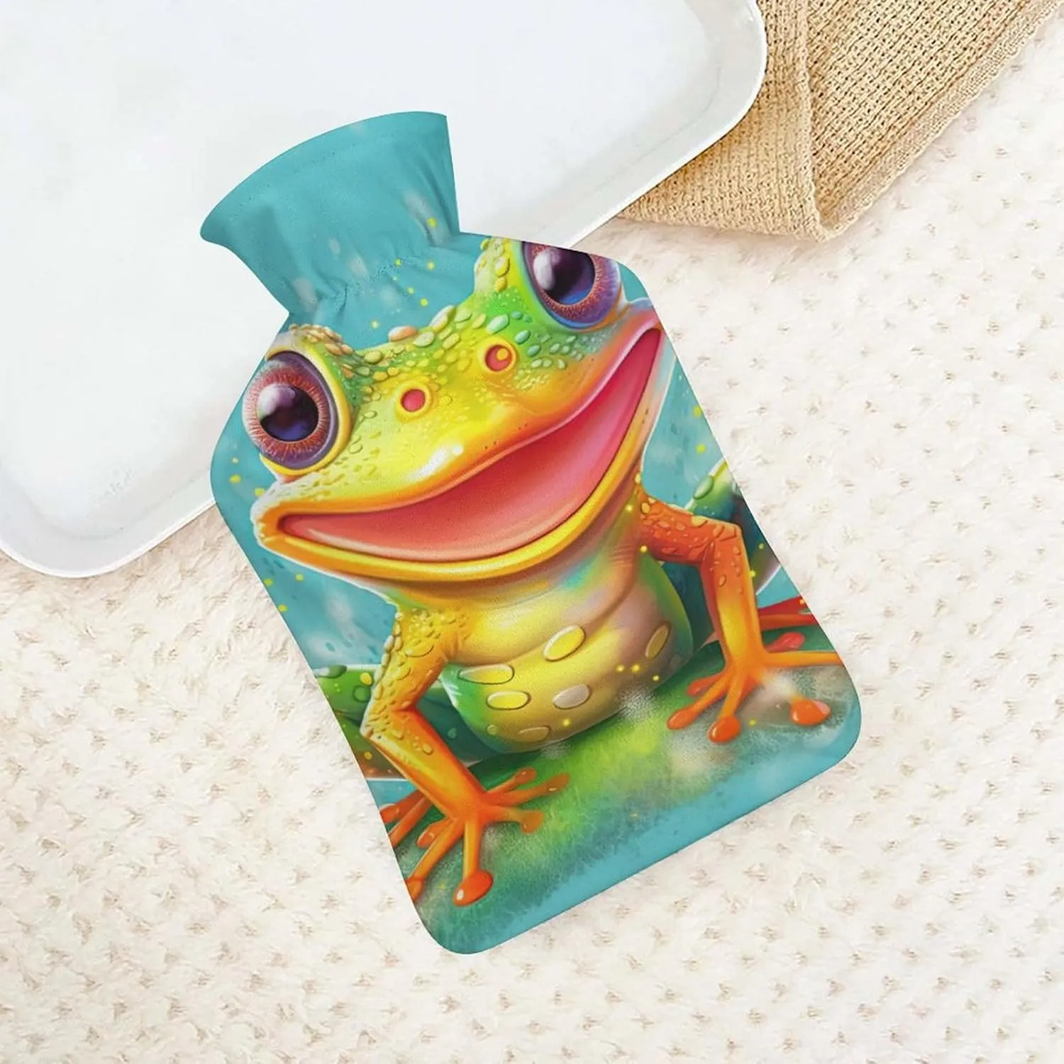 Hot Water Bottle with Soft Cover, Frog 1L Warm Water Bag for Menstrual Cramps, Animal Neck and Shoulder Pain Relief, Ideal for Hand & Feet Warmer for Kids, Men & Women, Hot & Cold Compress