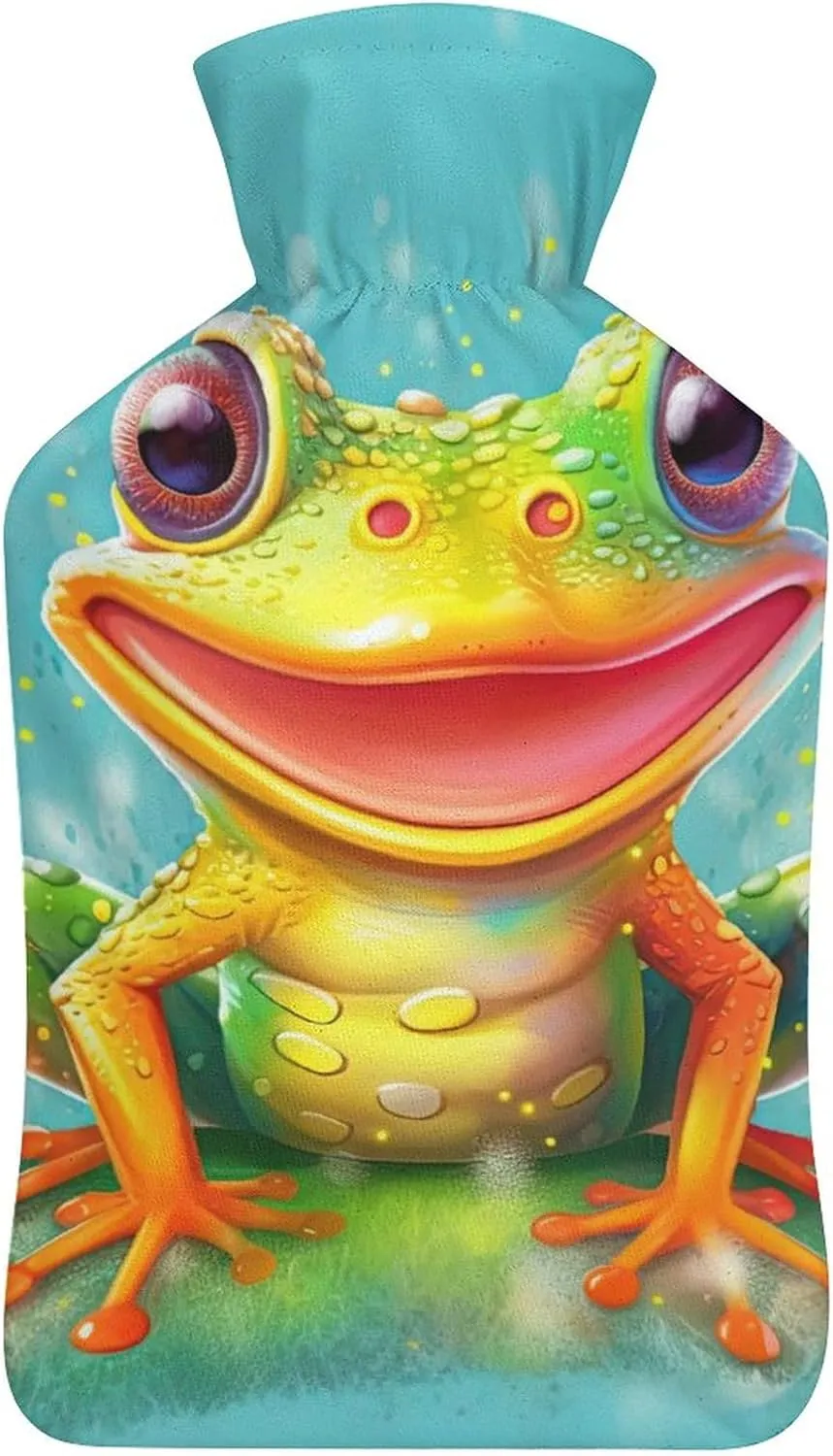 Hot Water Bottle with Soft Cover, Frog 1L Warm Water Bag for Menstrual Cramps, Animal Neck and Shoulder Pain Relief, Ideal for Hand & Feet Warmer for Kids, Men & Women, Hot & Cold Compress