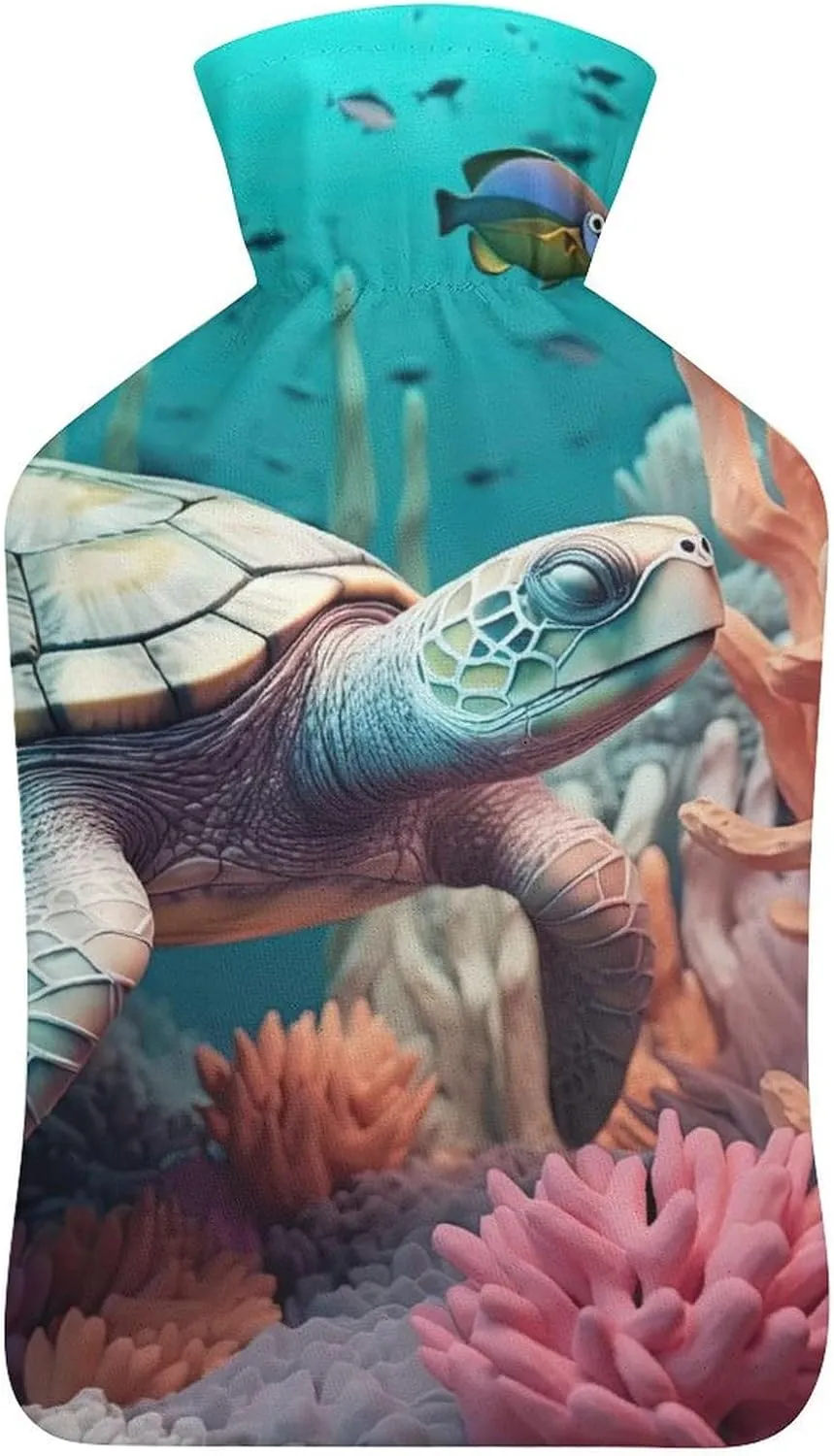 Hot Water Bottle with Soft Cover, Ocean Animal 1L Warm Water Bag for Menstrual Cramps, Undersea World Neck And Shoulder Pain Relief, Ideal for Hand & Feet Warmer for Kids, Men & Women, Hot & Cold Comp