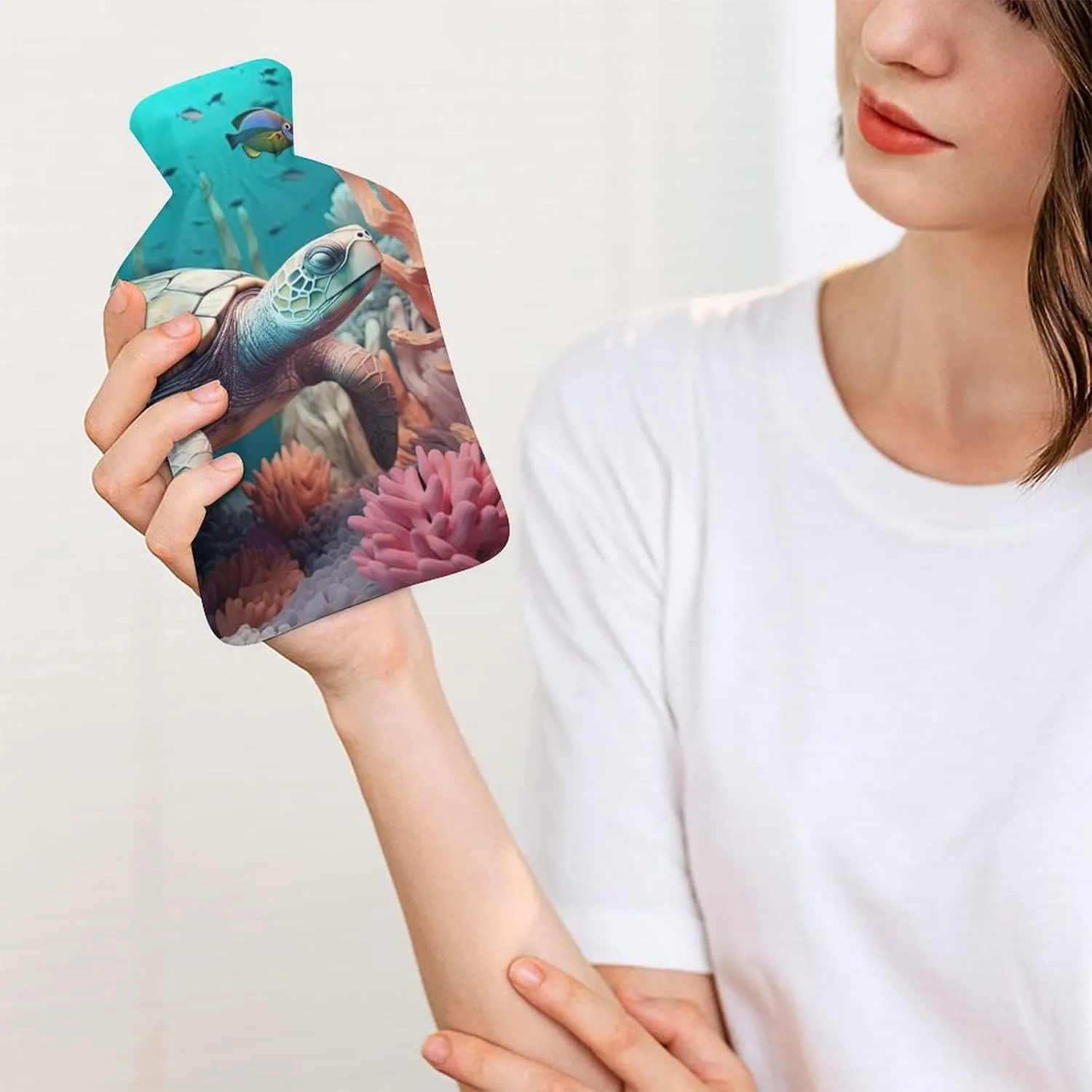 Hot Water Bottle with Soft Cover, Ocean Animal 1L Warm Water Bag for Menstrual Cramps, Undersea World Neck And Shoulder Pain Relief, Ideal for Hand & Feet Warmer for Kids, Men & Women, Hot & Cold Comp