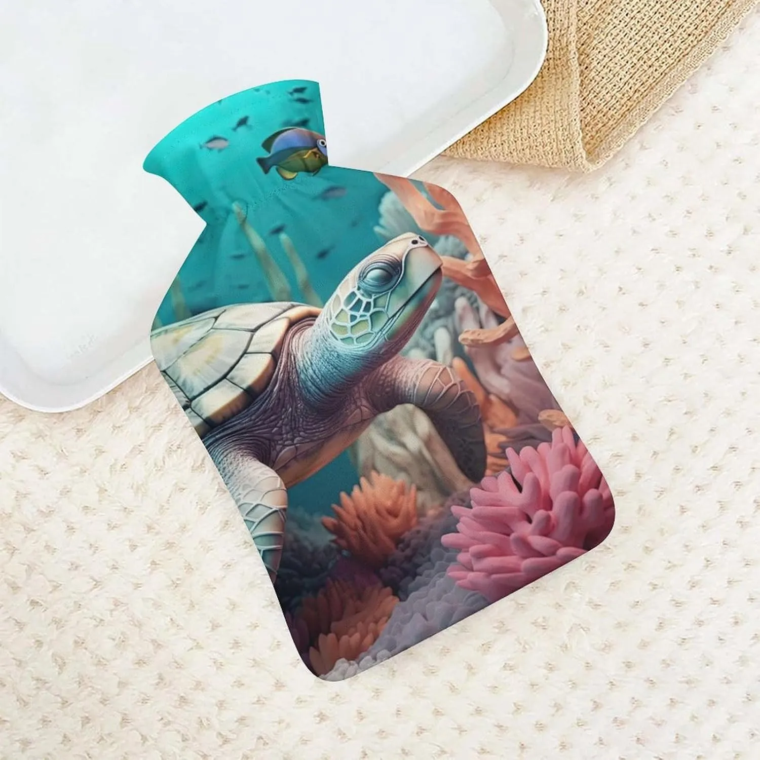 Hot Water Bottle with Soft Cover, Ocean Animal 1L Warm Water Bag for Menstrual Cramps, Undersea World Neck And Shoulder Pain Relief, Ideal for Hand & Feet Warmer for Kids, Men & Women, Hot & Cold Comp