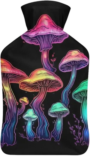 Hot Water Bottle with Soft Cover, Trippy Mushroom 1L Warm Water Bag for Menstrual Cramps, Fungus Neck and Shoulder Pain Relief, Ideal for Hand & Feet Warmer for Kids, Men & Women, Hot & Cold Compress