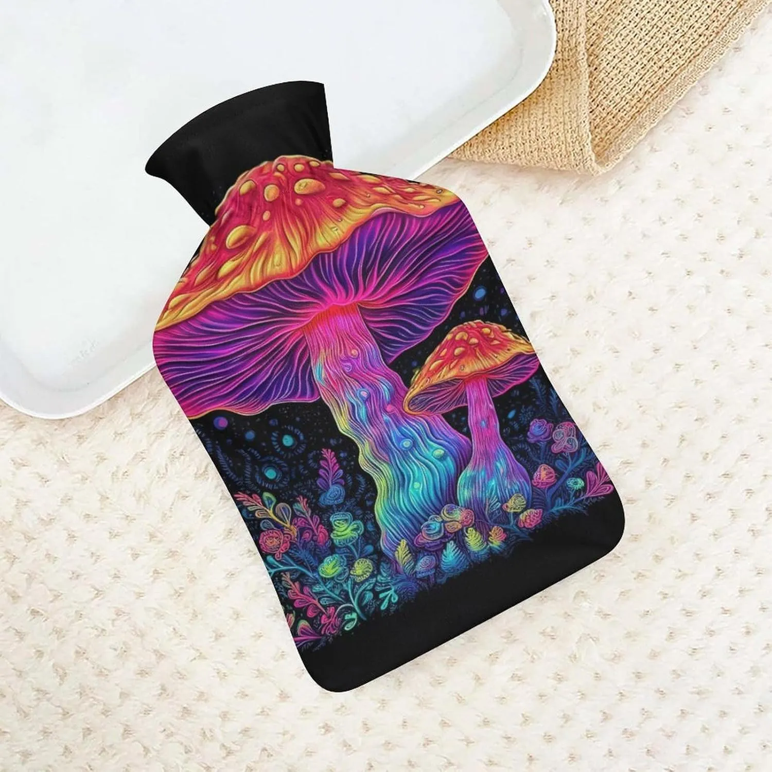 Hot Water Bottle with Soft Cover, Trippy Mushroom 1L Warm Water Bag for Menstrual Cramps, Fungus Neck and Shoulder Pain Relief, Ideal for Hand & Feet Warmer for Kids, Men & Women, Hot & Cold Compress